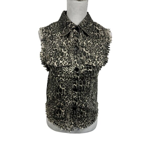 English Rose Sleeveless Denim Vest Women's S Gray Animal Studded Fringe Buttons - Picture 1 of 14